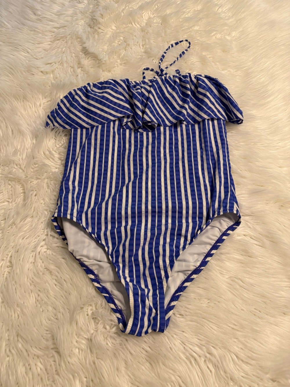 J. Crew Blue and White Striped Ruffle One-Piece Swimsuit size 8 brand new